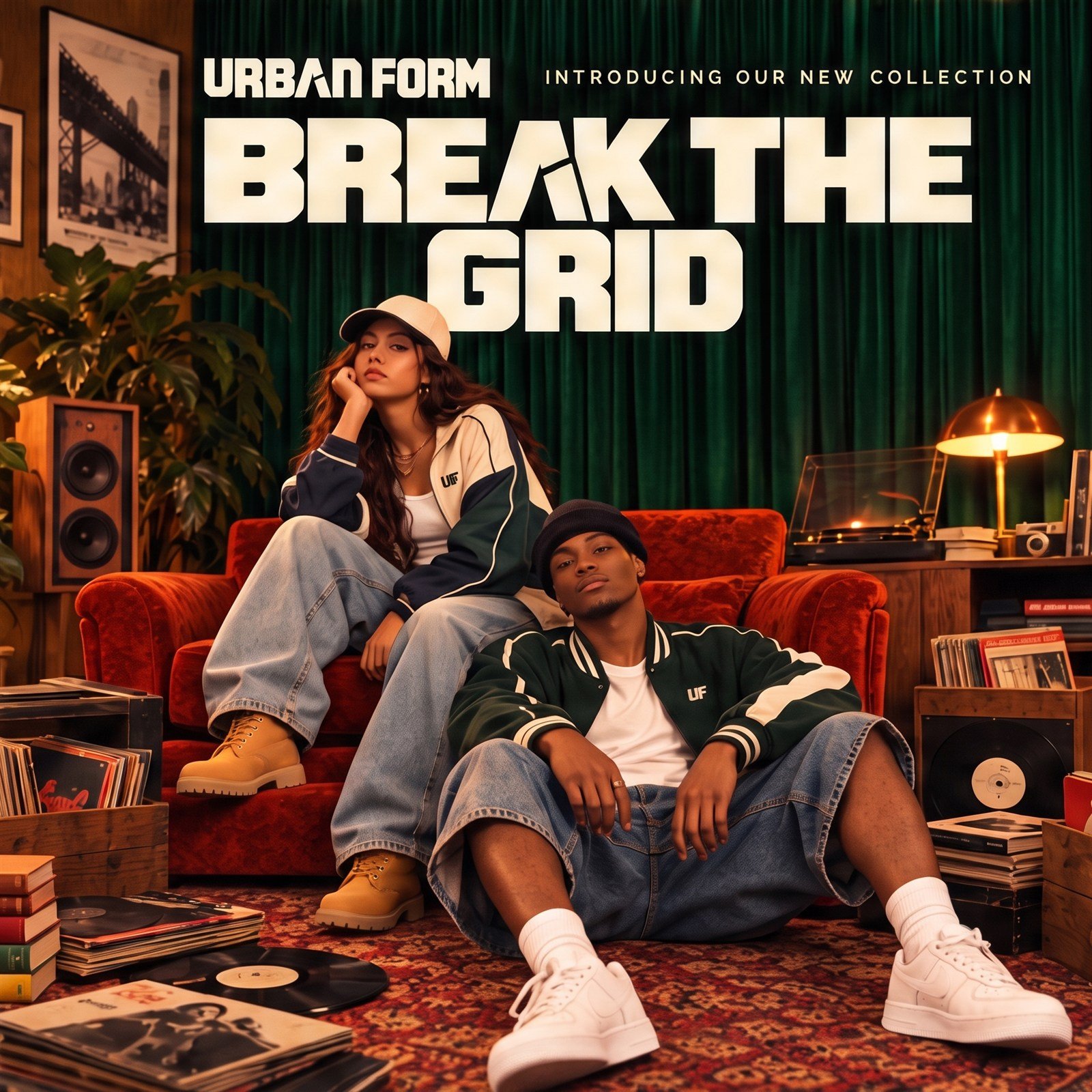 عارضا أوربان فورم على أريكة صدئية أسفل عنوان BREAK THE GRID وإعلان التشكيلة الجديدة
