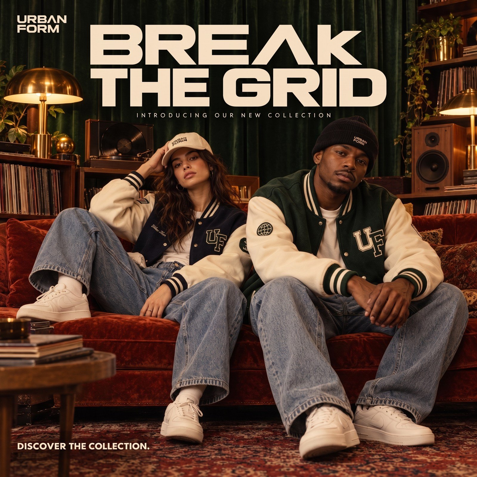 URBAN FORM launch poster with two models in varsity jackets beneath Break the Grid and Introducing our new collection